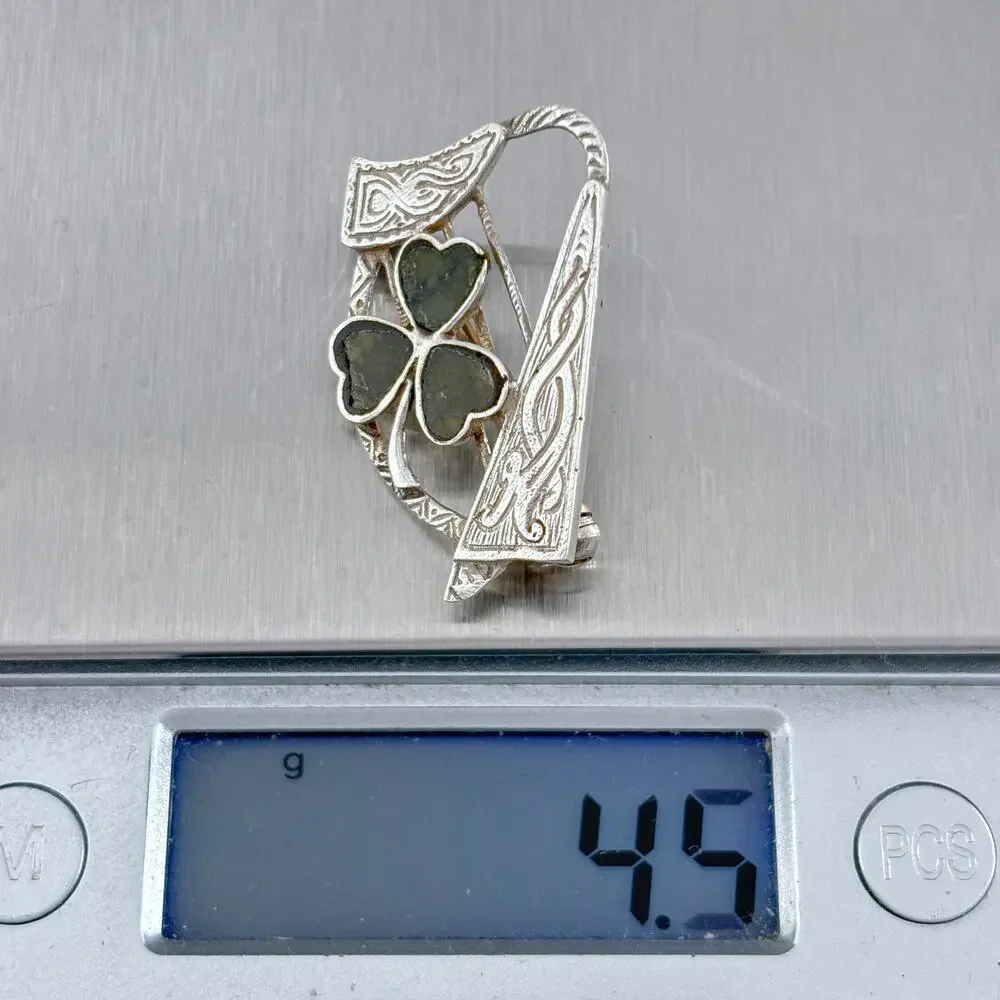 Vintage Sterling Silver 925 Connemara Marble Shamrock Harp Brooch